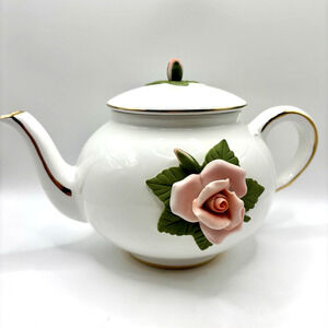 Teleflora Vintage Porcelain Teapot 3D Pink Roses Gold Trim 6.5" Tall 9.5” Length